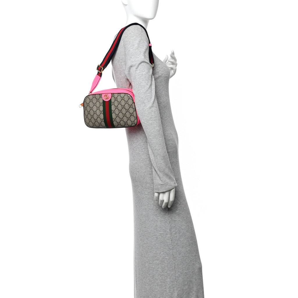 GG Supreme Monogram Textured Dollar Calfskin Web Ophidia Small Crossbody Bag Beige Ebony Fuchsia