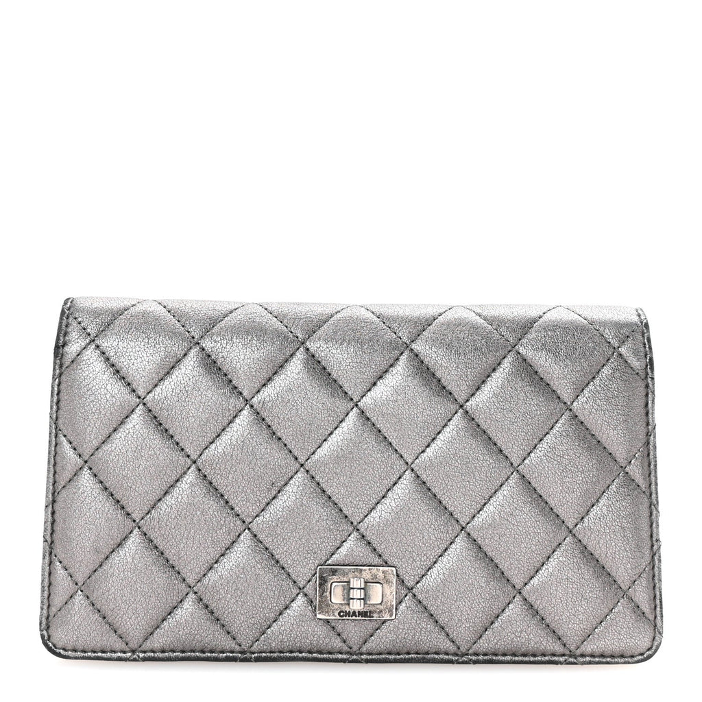 Metallic Aged Calfskin Quilted Reissue Yen Wallet Silver