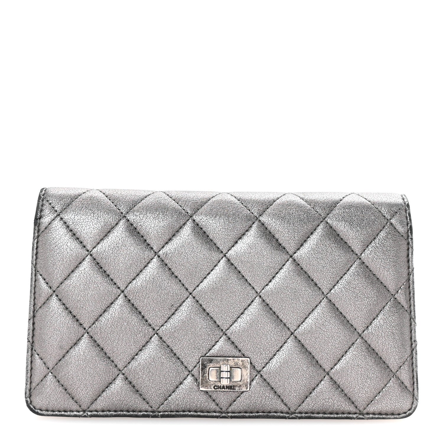 Metallic Aged Calfskin Quilted Reissue Yen Wallet Silver