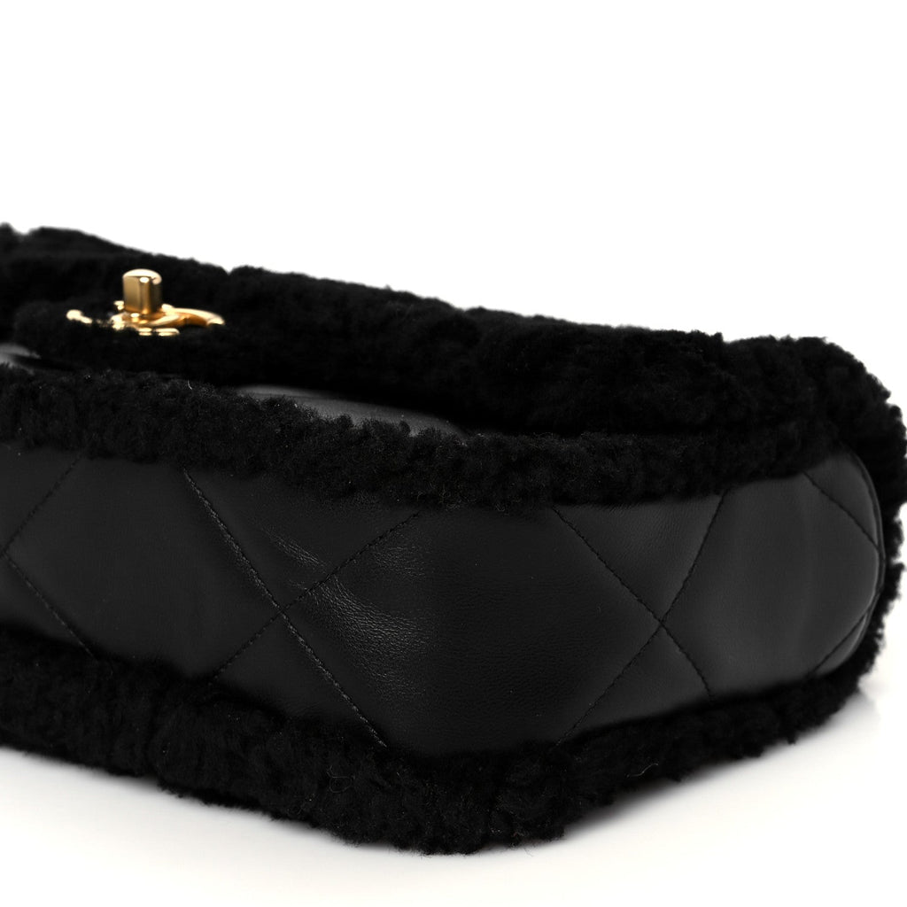 Shearling Lambskin Quilted Furry Coco Flap Black