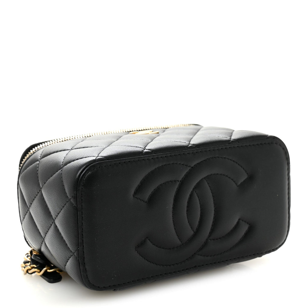Lambskin Quilted Metal Small Top Handle Vanity Case With Chain Black
