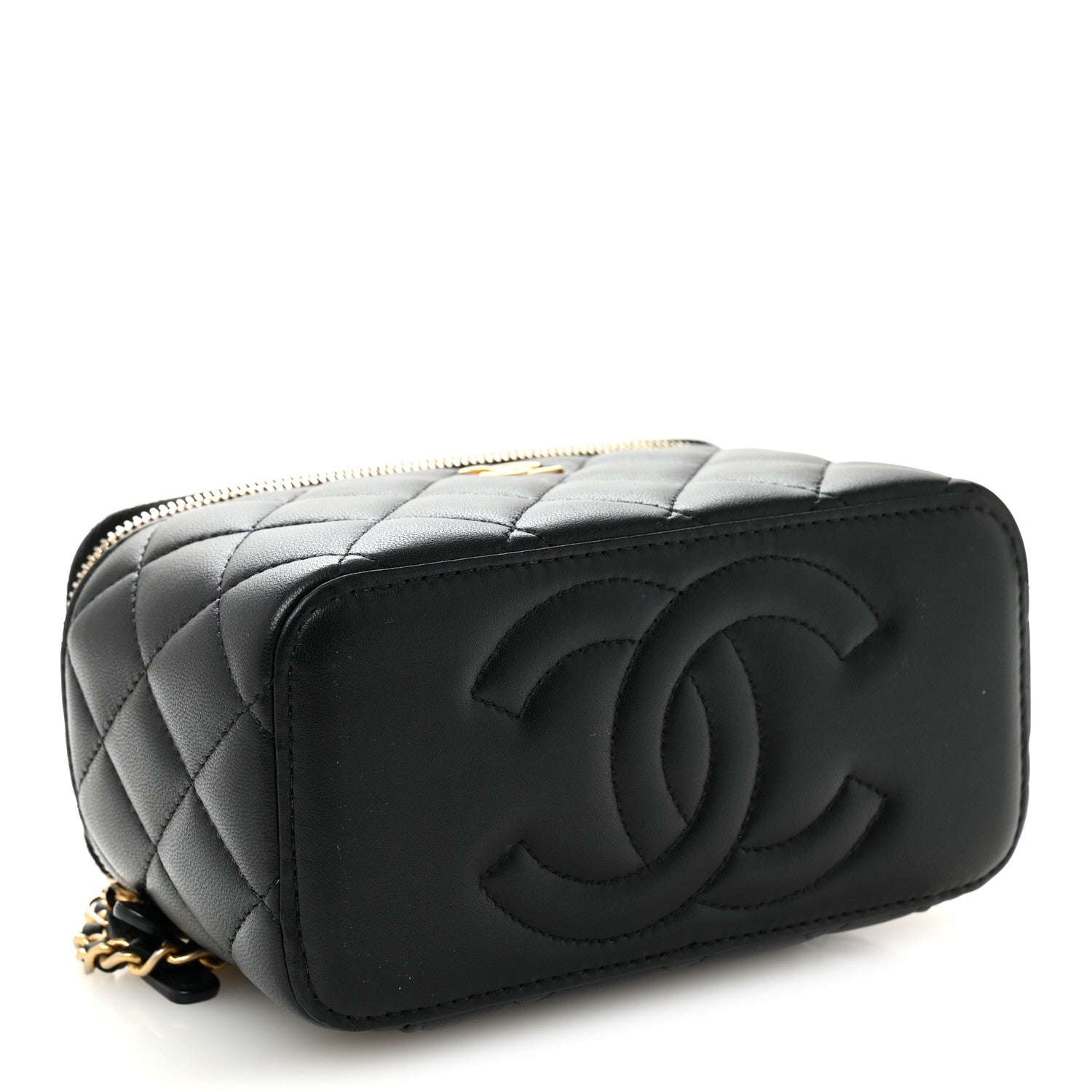Lambskin Quilted Metal Small Top Handle Vanity Case With Chain Black