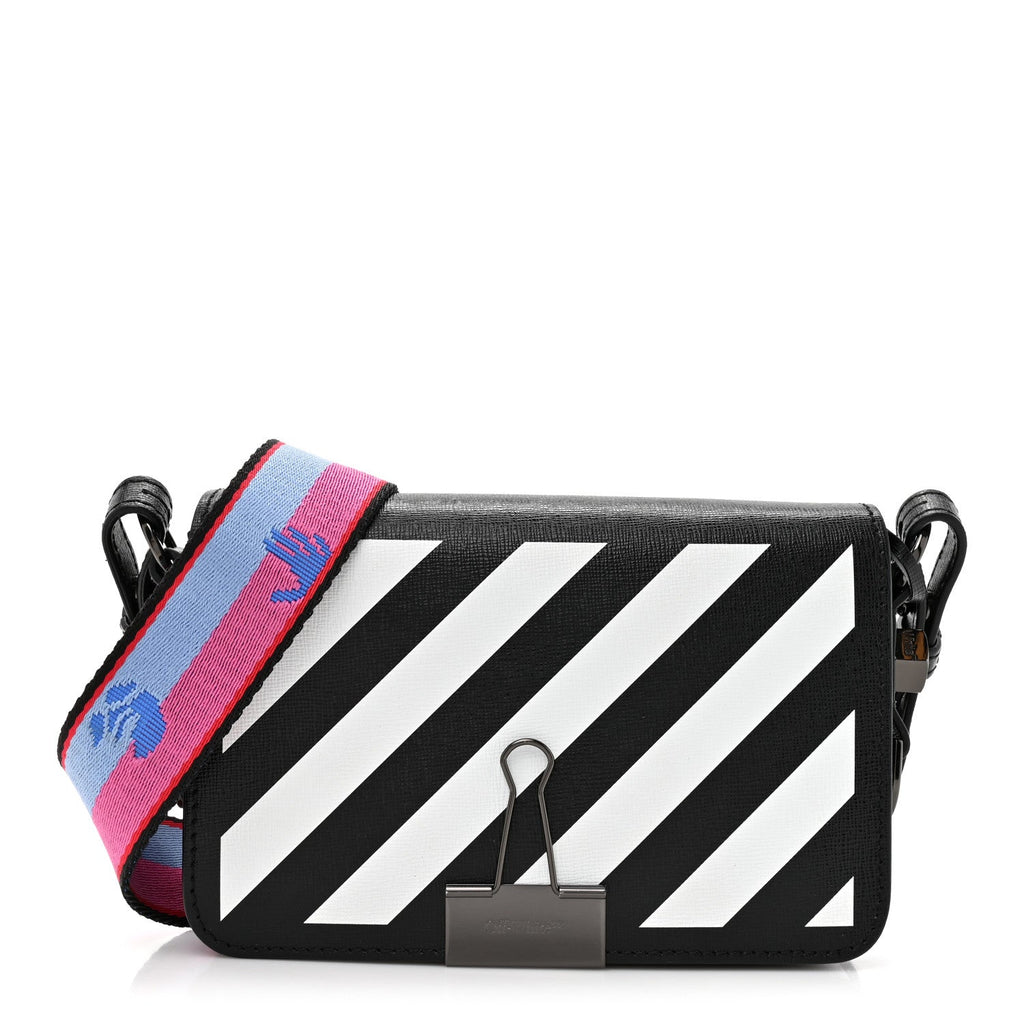 Saffiano Striped Mini Diag Binder Clip Bag Black White Indus