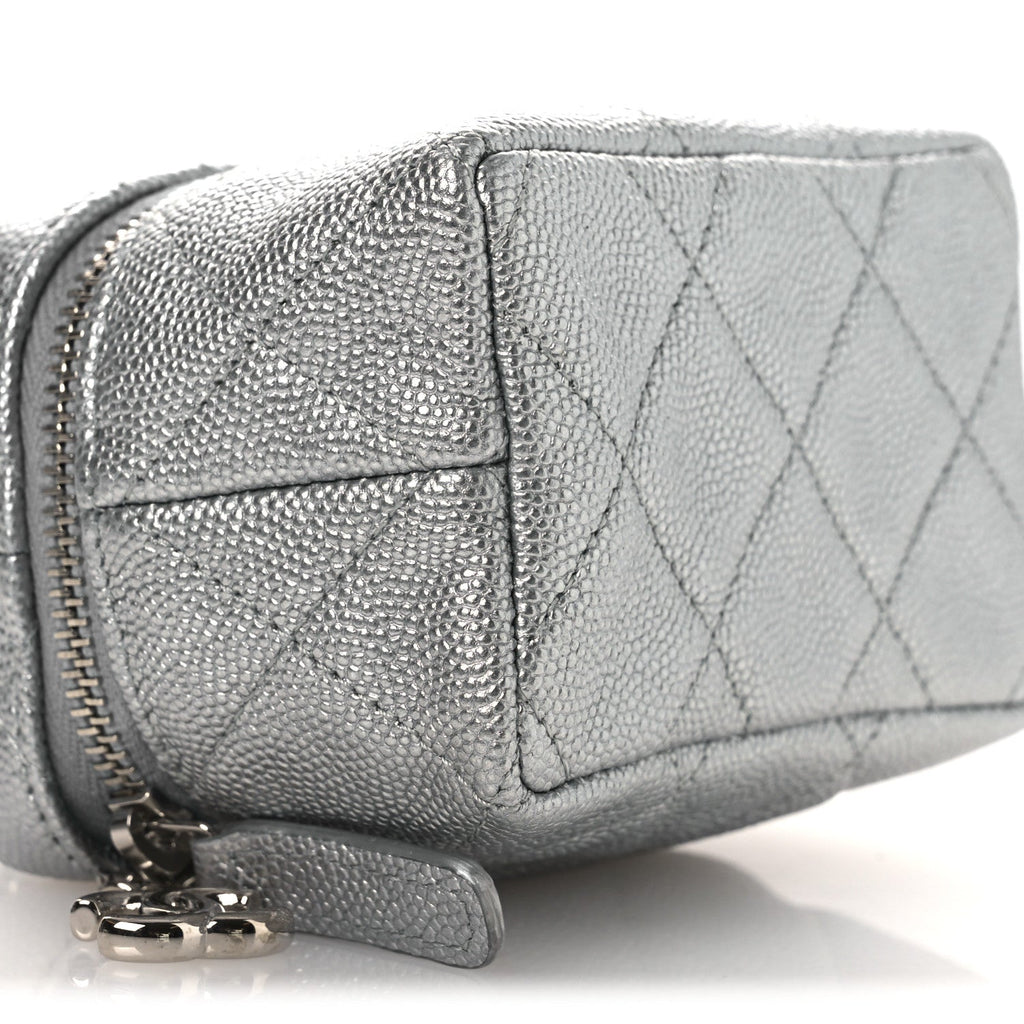 Metallic Caviar Quilted Mini Top Handle Vanity With Chain Silver