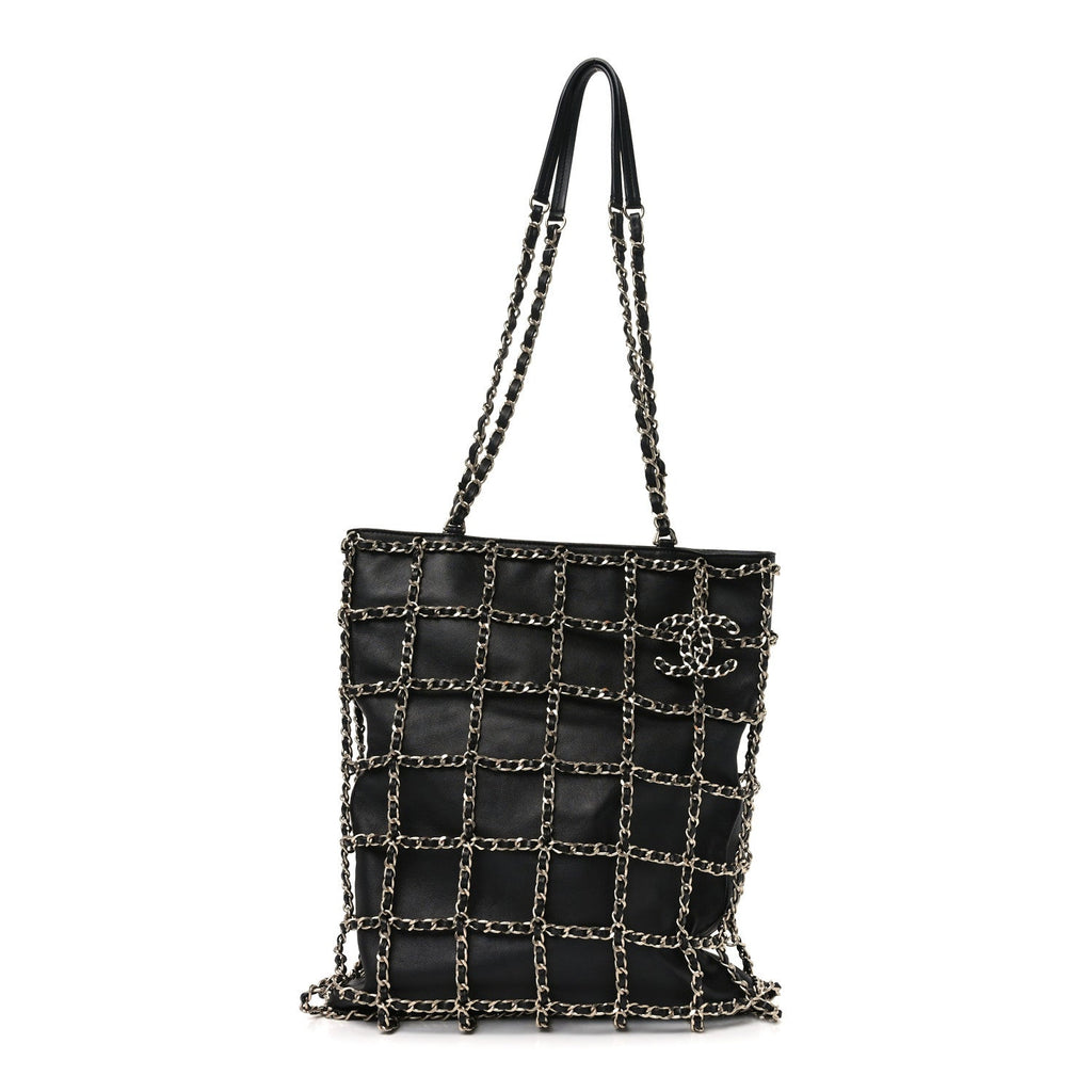 Lambskin Large Shopping Chain Tote Black