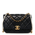 Lambskin Quilted  Pearl  Flap Black