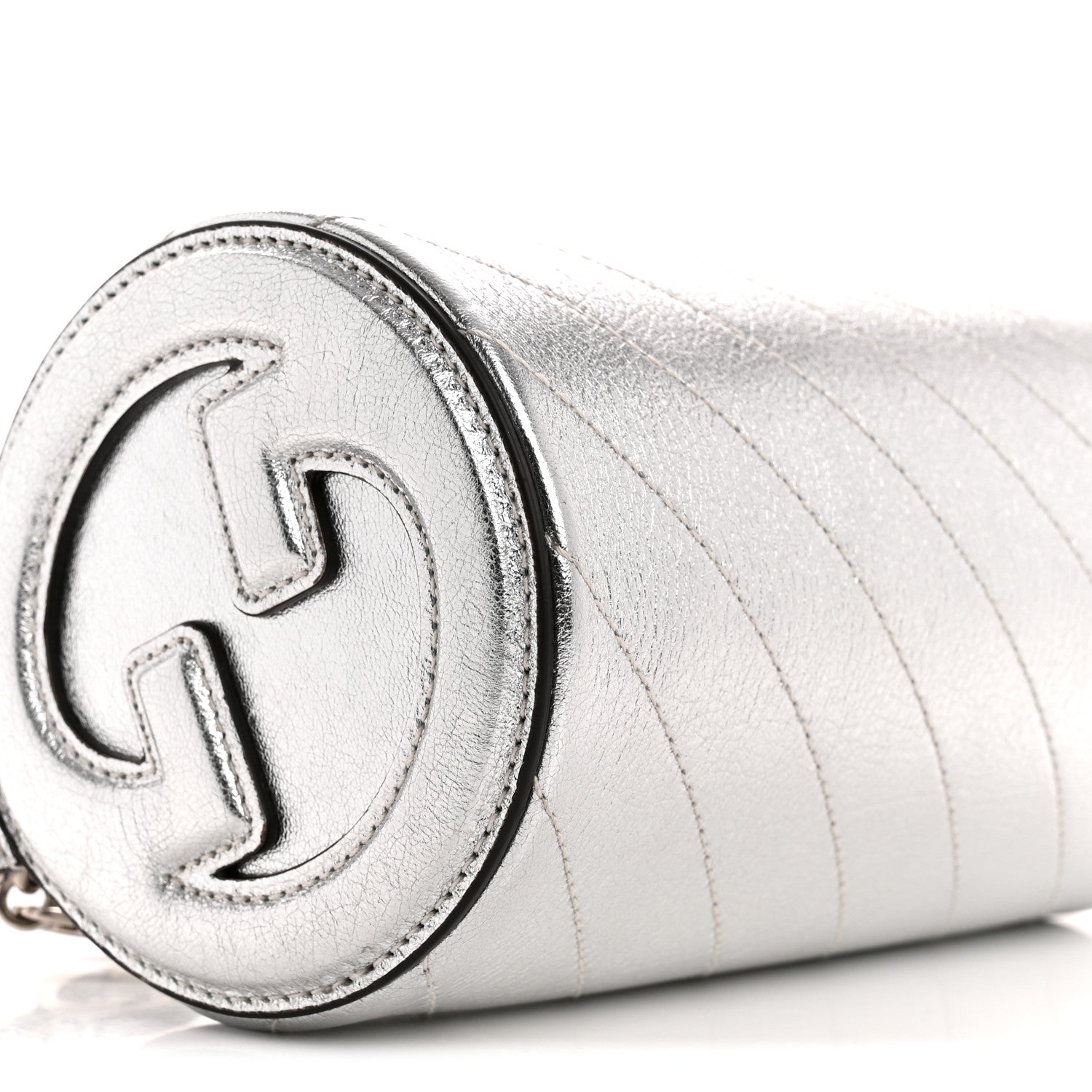 Sakai Be Green Calfskin Diagonal Stitched Mini Blondie Barrel Shoulder Bag Silver