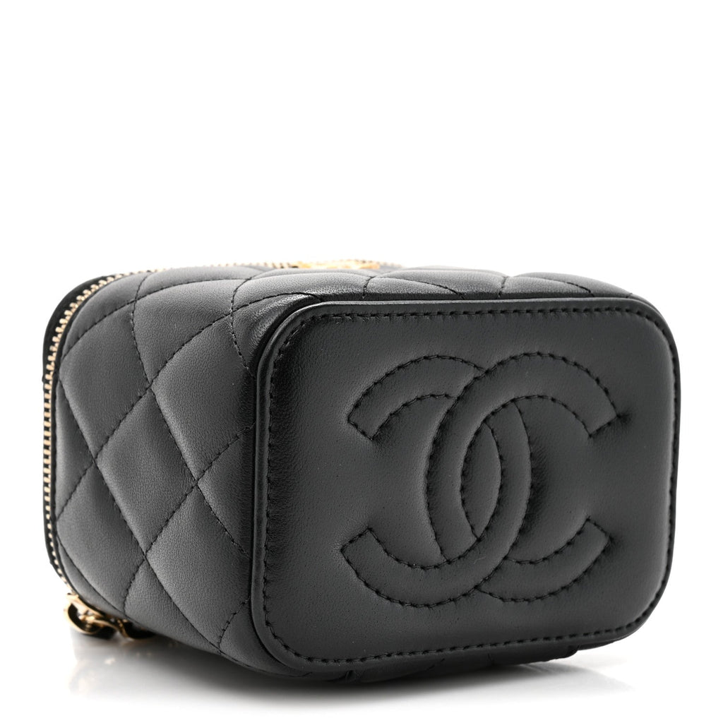 Lambskin Quilted Mini Pearl Crush Vanity Case With Chain Black