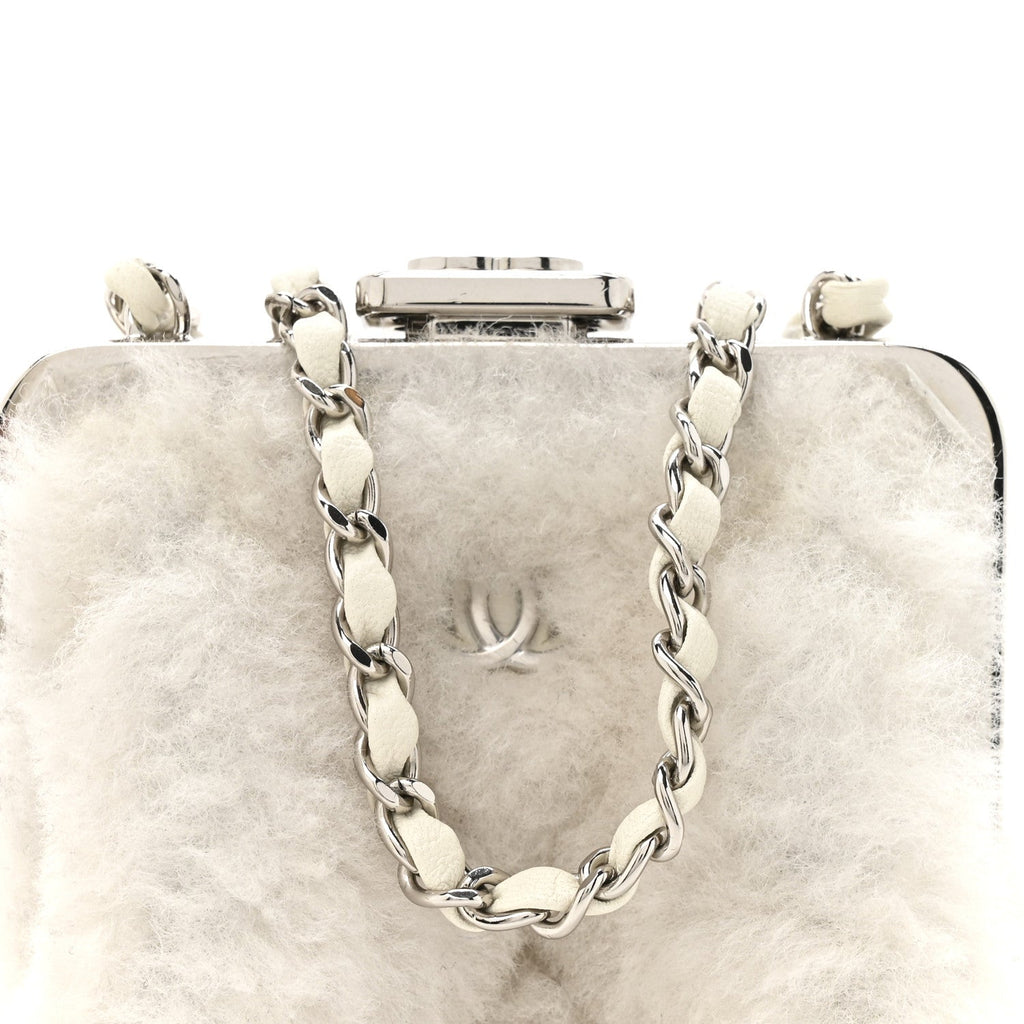 Shearling Sheepskin Lambskin Quilted Clutch With Chain White