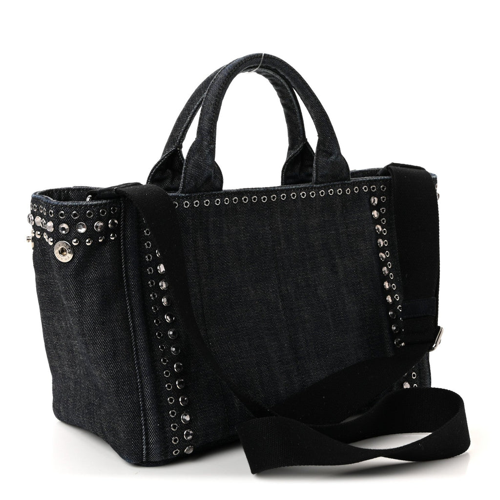 Canapa Denim Crystal Rivet Studded Tote Avio
