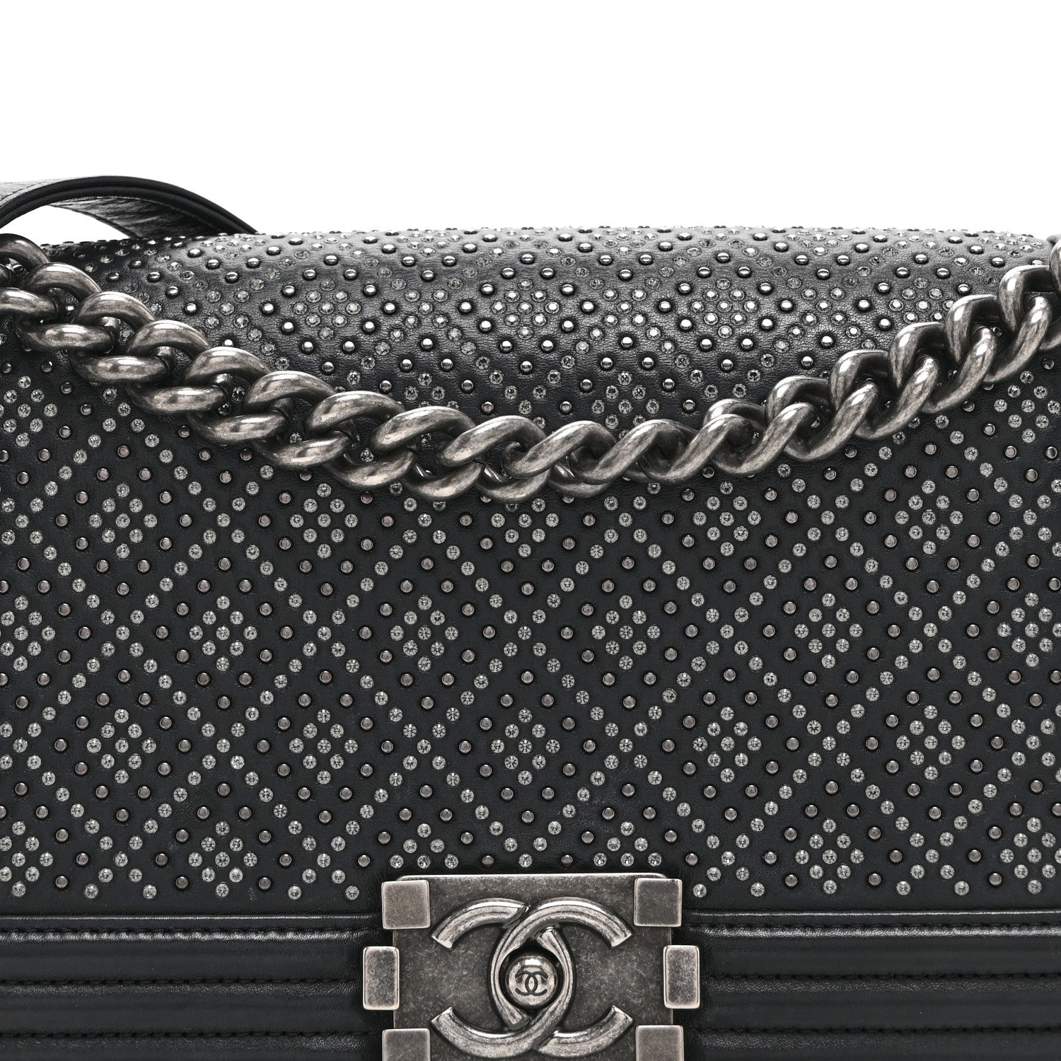 Calfskin Crystal Studded Quilted Medium Boy Flap  Black