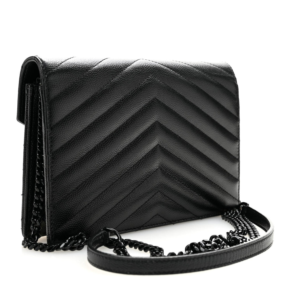 Grain De Poudre Matelasse Chevron Monogram Monochrome Envelope Chain Wallet Black