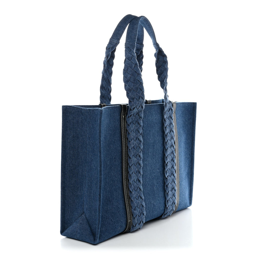 Denim Calfskin Large Braided Woody Ribbon Tote  Blue