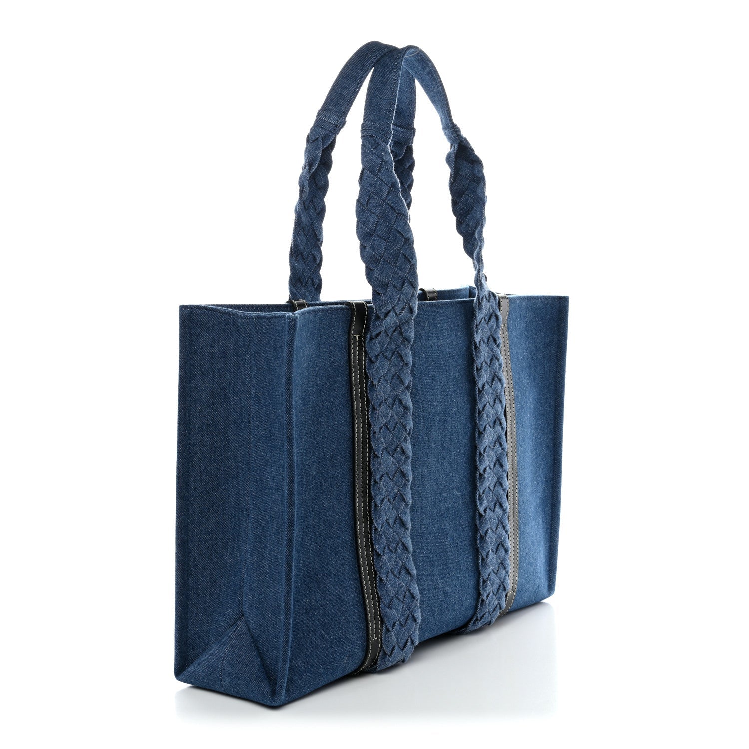 Denim Calfskin Large Braided Woody Ribbon Tote  Blue