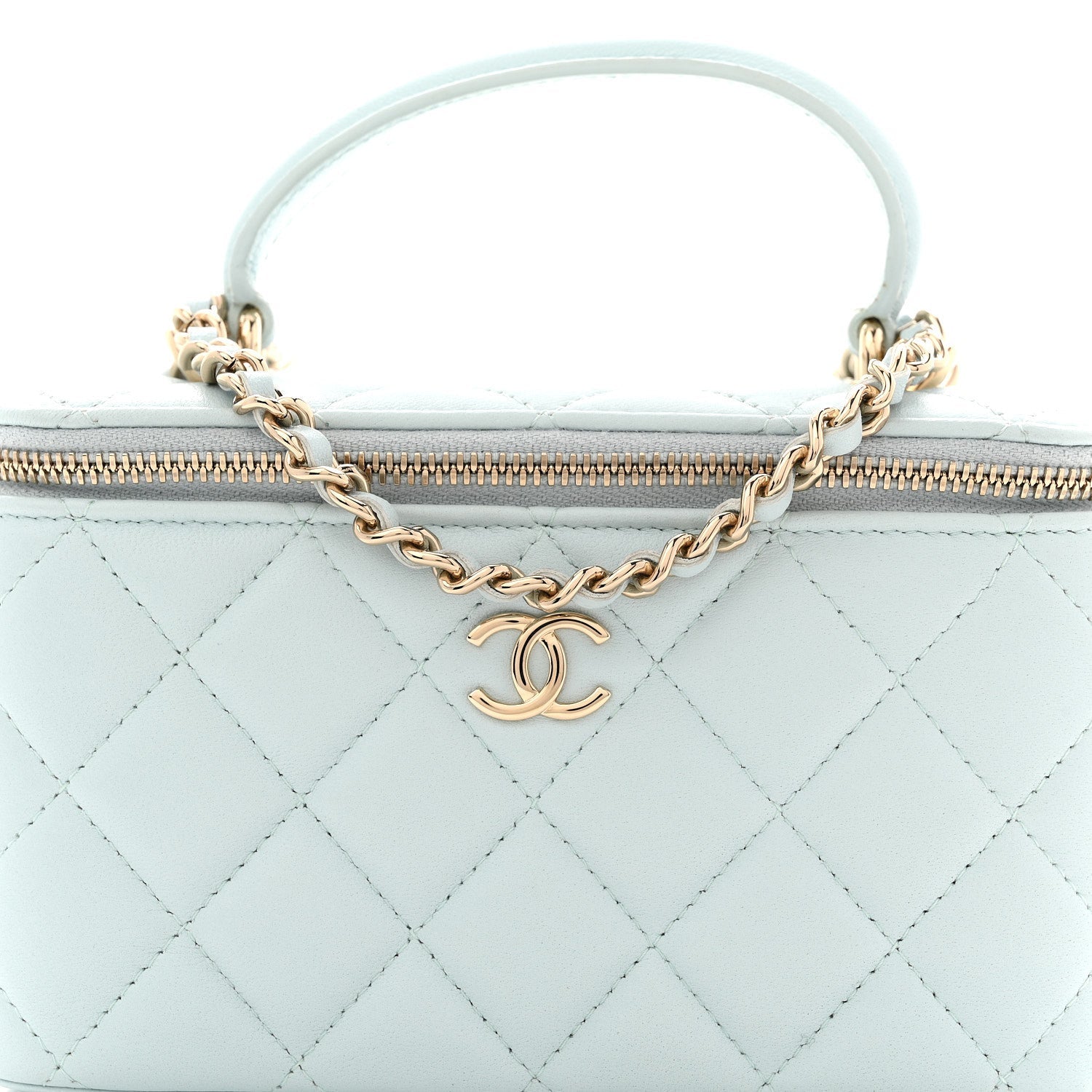 Lambskin Quilted Small Top Handle Vanity Case With Chain Light Blue