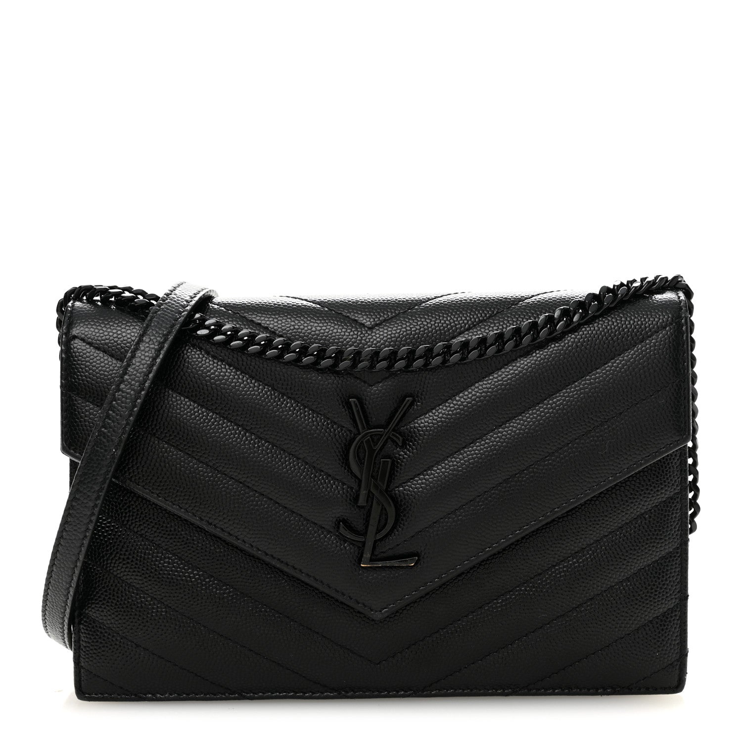 Grain De Poudre Matelasse Chevron Monogram Monochrome Envelope Chain Wallet Black