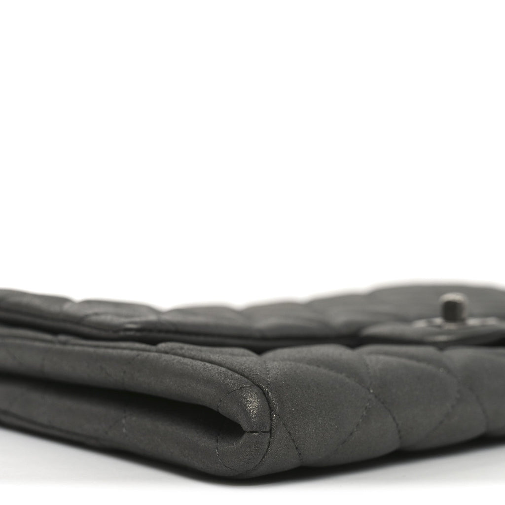 Metallic Lambskin Quilted Clutch With Chain Flap Dark Grey