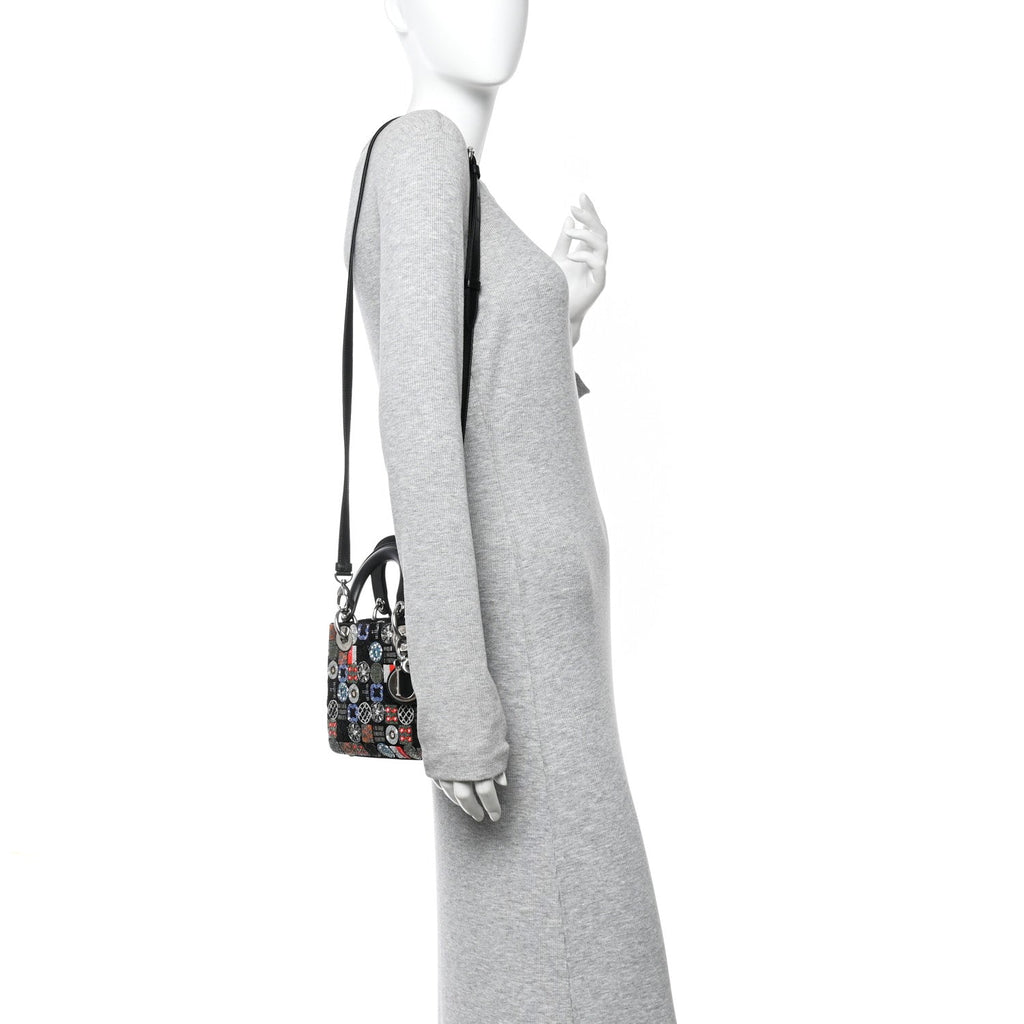 Satin Lambskin Embroidered Beaded Mini Lady Dior Black Multicolor