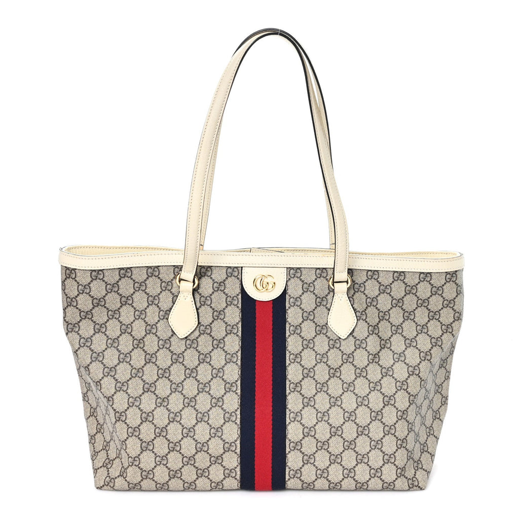 GG Supreme Monogram Textured Dollar Calfskin Web Medium Ophidia Shopping Tote Beige Ebony Mystic White