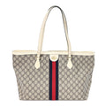 GG Supreme Monogram Textured Dollar Calfskin Web Medium Ophidia Shopping Tote Beige Ebony Mystic White