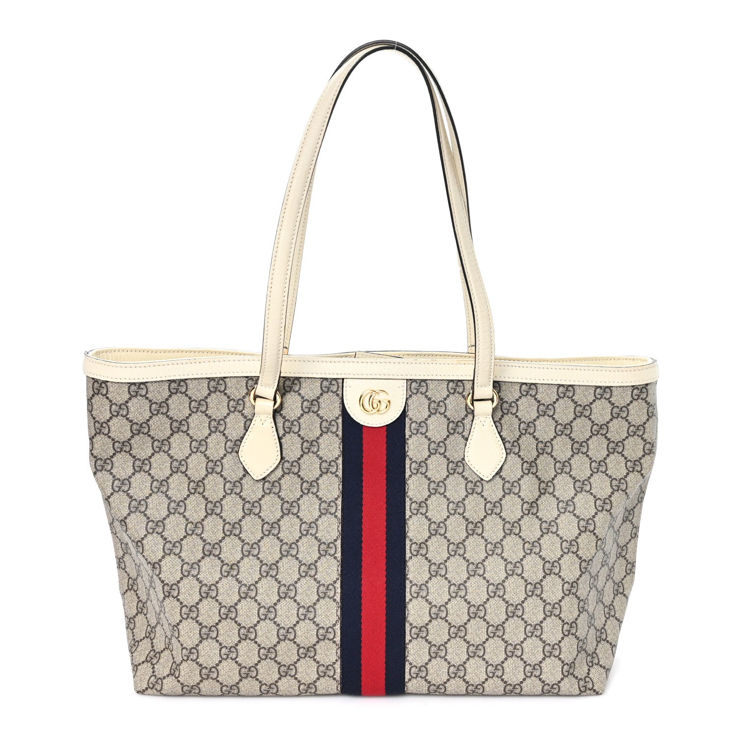 GG Supreme Monogram Textured Dollar Calfskin Web Medium Ophidia Shopping Tote Beige Ebony Mystic White