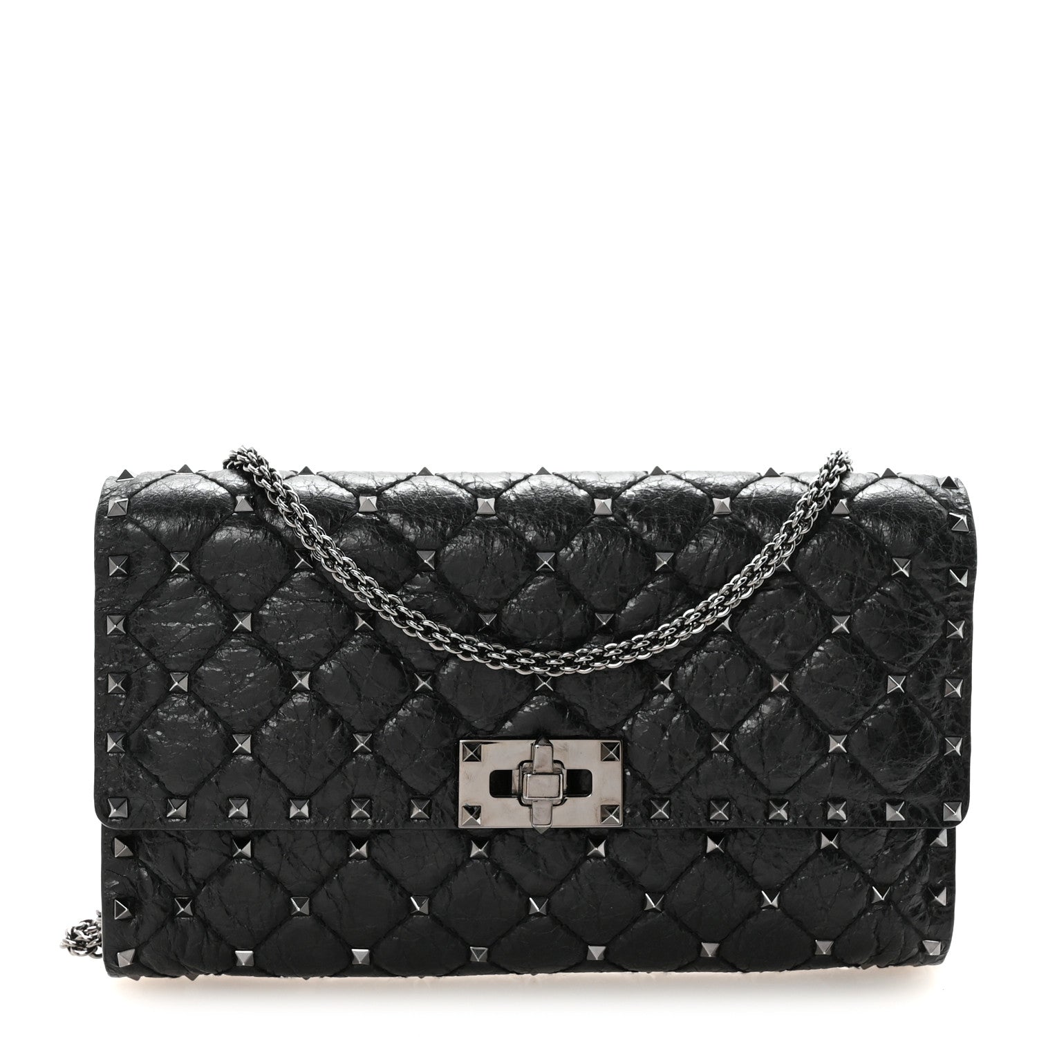 Craquele Nappa Rockstud Spike Wallet on Chain Black