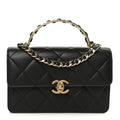 Shiny Calfskin Quilted Mini Metal Top Handle Flap Black