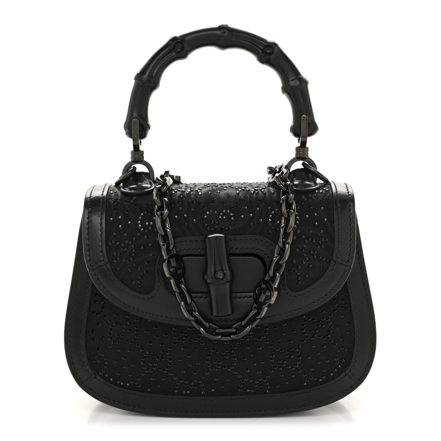 Moire Fabric Calfskin Rhinestone Monogram Monochrome Mini Bamboo 1947 Top Handle Chain Bag Black
