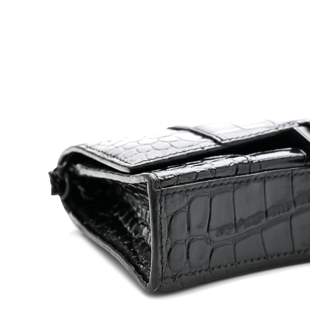 Shiny Calfskin Monochrome Crocodile Embossed Hourglass Chain Bag Black