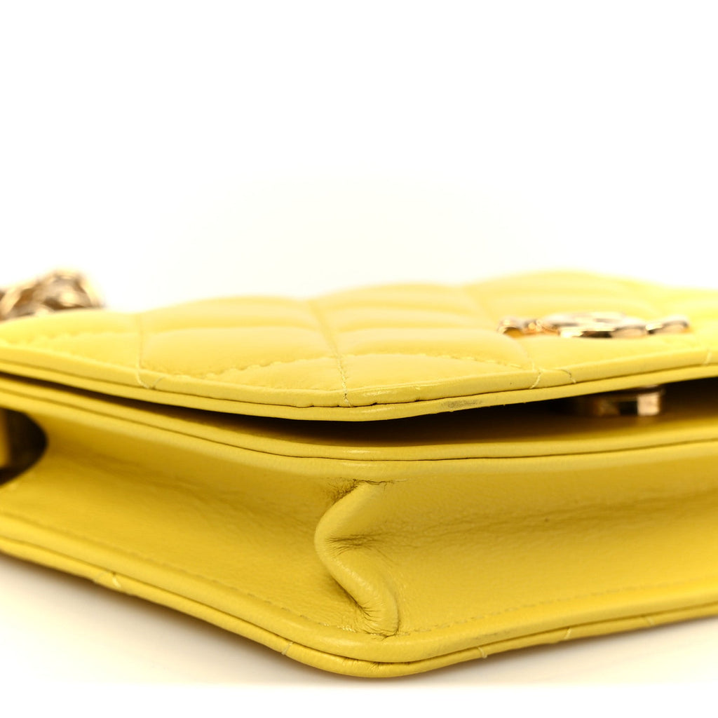 Lambskin Quilted Enamel Logo Flap  Holder On Chain Yellow