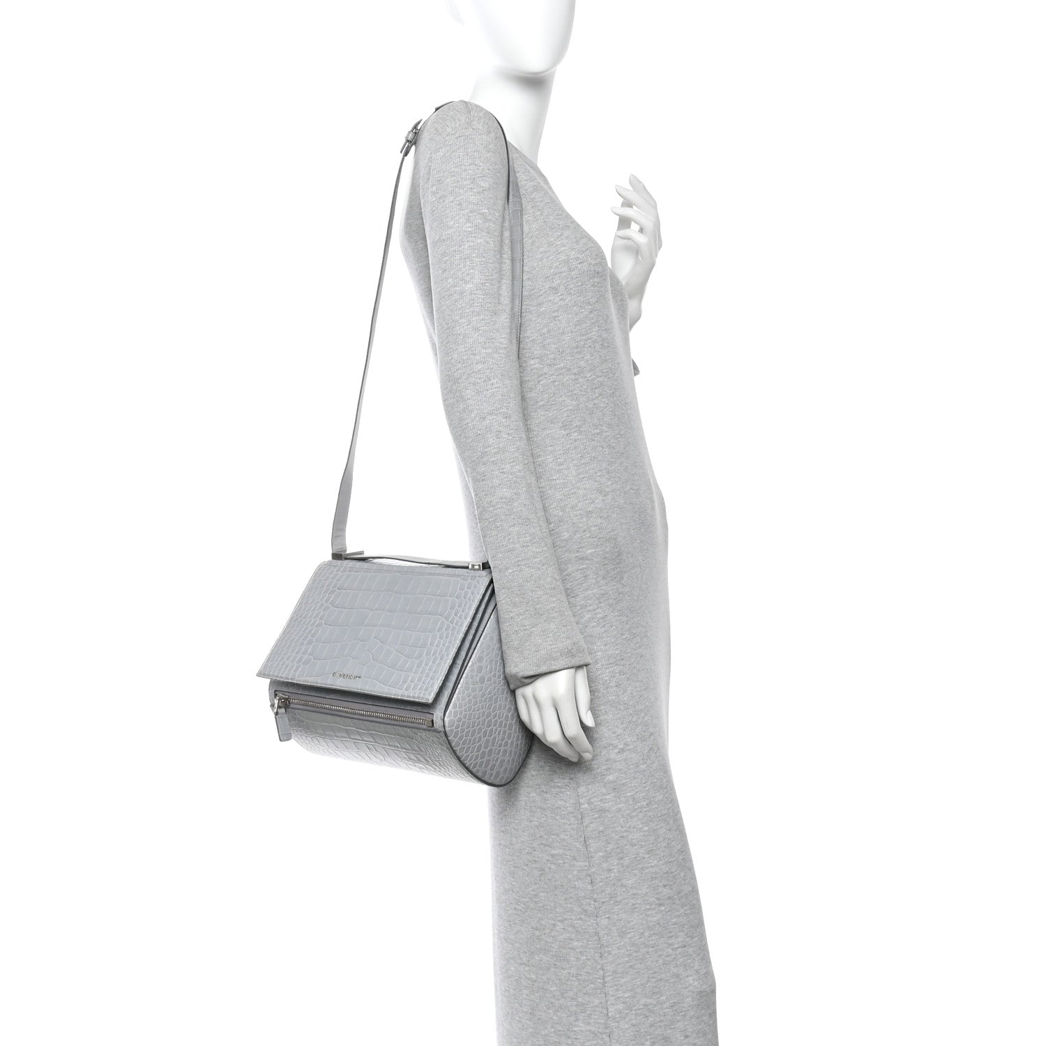 Calfskin Crocodile Embossed Medium Pandora Box Crossbody Bag Grey