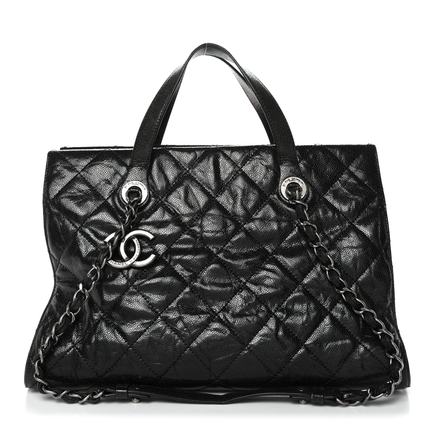 Crumpled Grained Calfskin Quilted CC Crave Tote Black