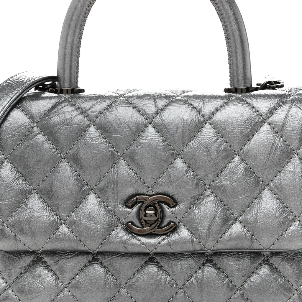 Metallic Aged Calfskin Quilted Mini Coco Handle Flap Charcoal