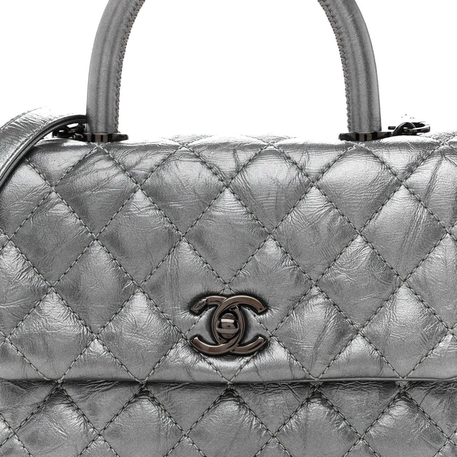 Metallic Aged Calfskin Quilted Mini Coco Handle Flap Charcoal