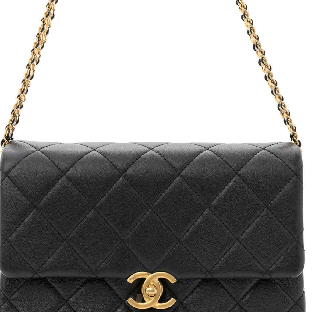 Calfskin Quilted Belt Chain Flap Black