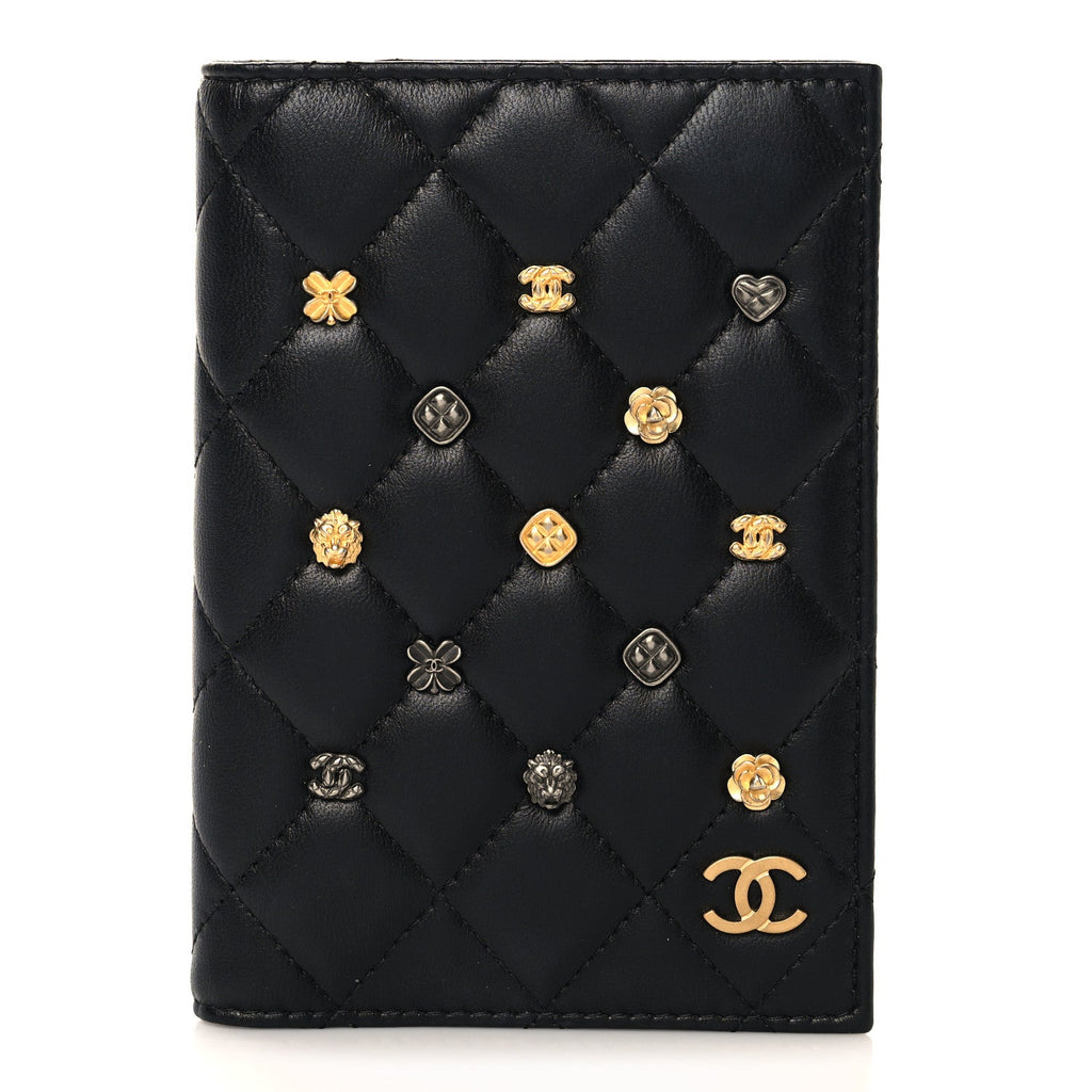 Lambskin Quilted Lucky Charms Passport Holder Black