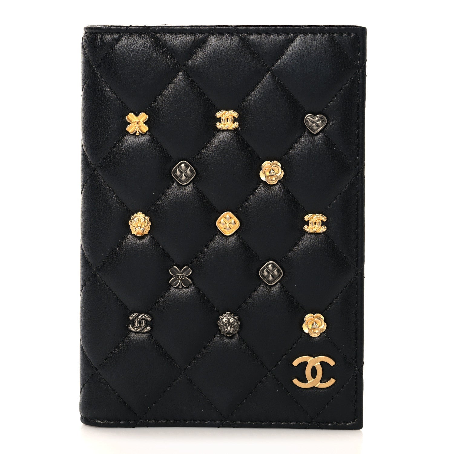 Lambskin Quilted Lucky Charms Passport Holder Black