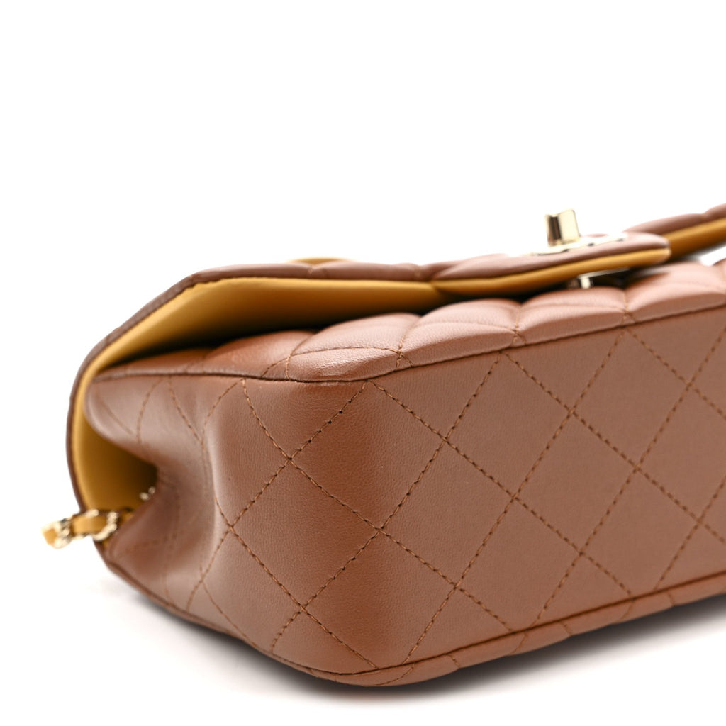Lambskin Quilted Bi-Color Mini Top Handle Rectangular Flap Light Brown Yellow