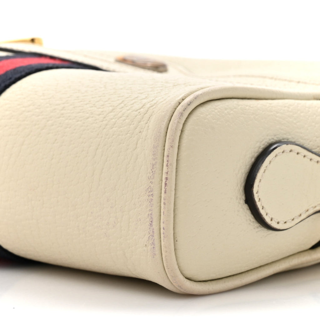 Textured Dollar Calfskin Web Mini Ophidia Shoulder Bag Mystic White
