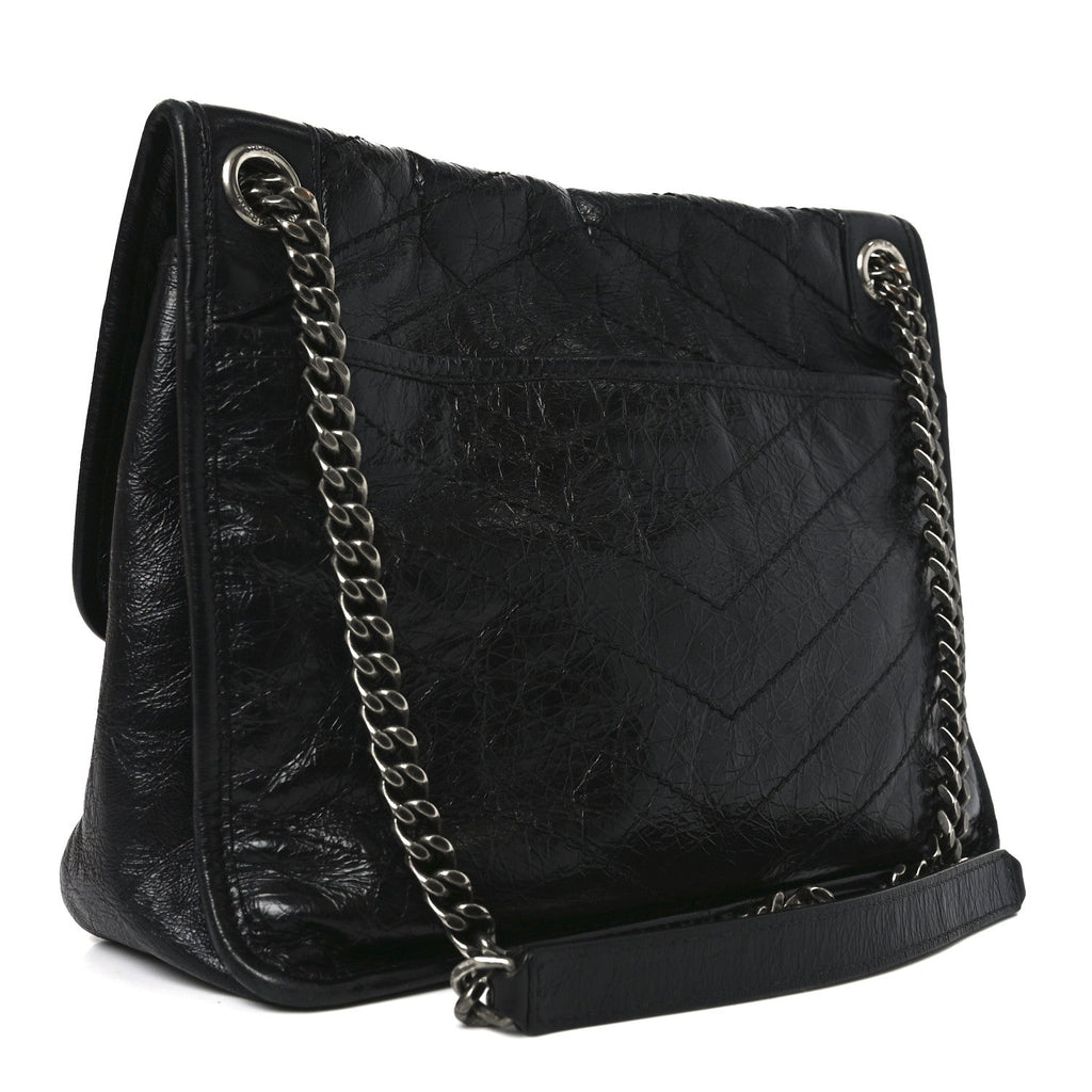 Crinkled Calfskin Matelasse Monogram Medium Niki Chain Satchel Black