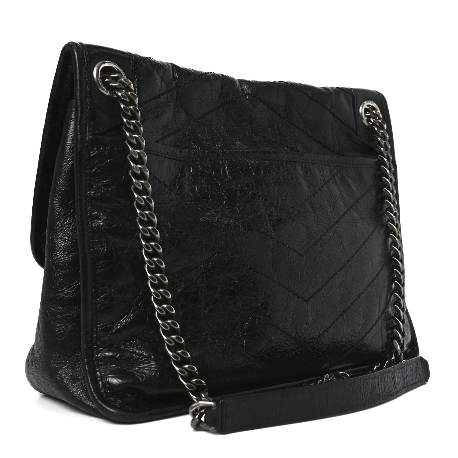 Crinkled Calfskin Matelasse Monogram Medium Niki Chain Satchel Black
