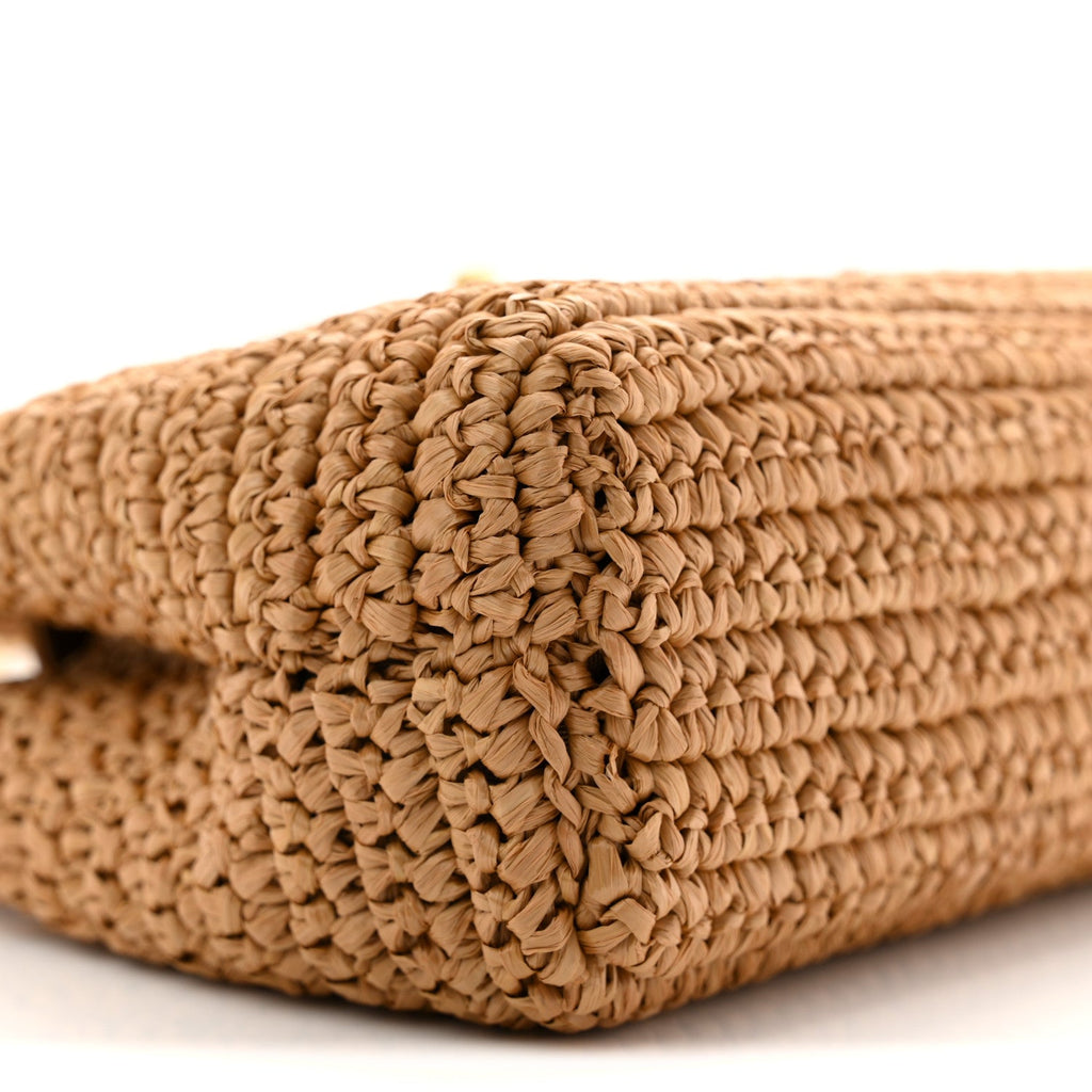 Braided Raffia Nano Kelly Flap Bag Dark Beige