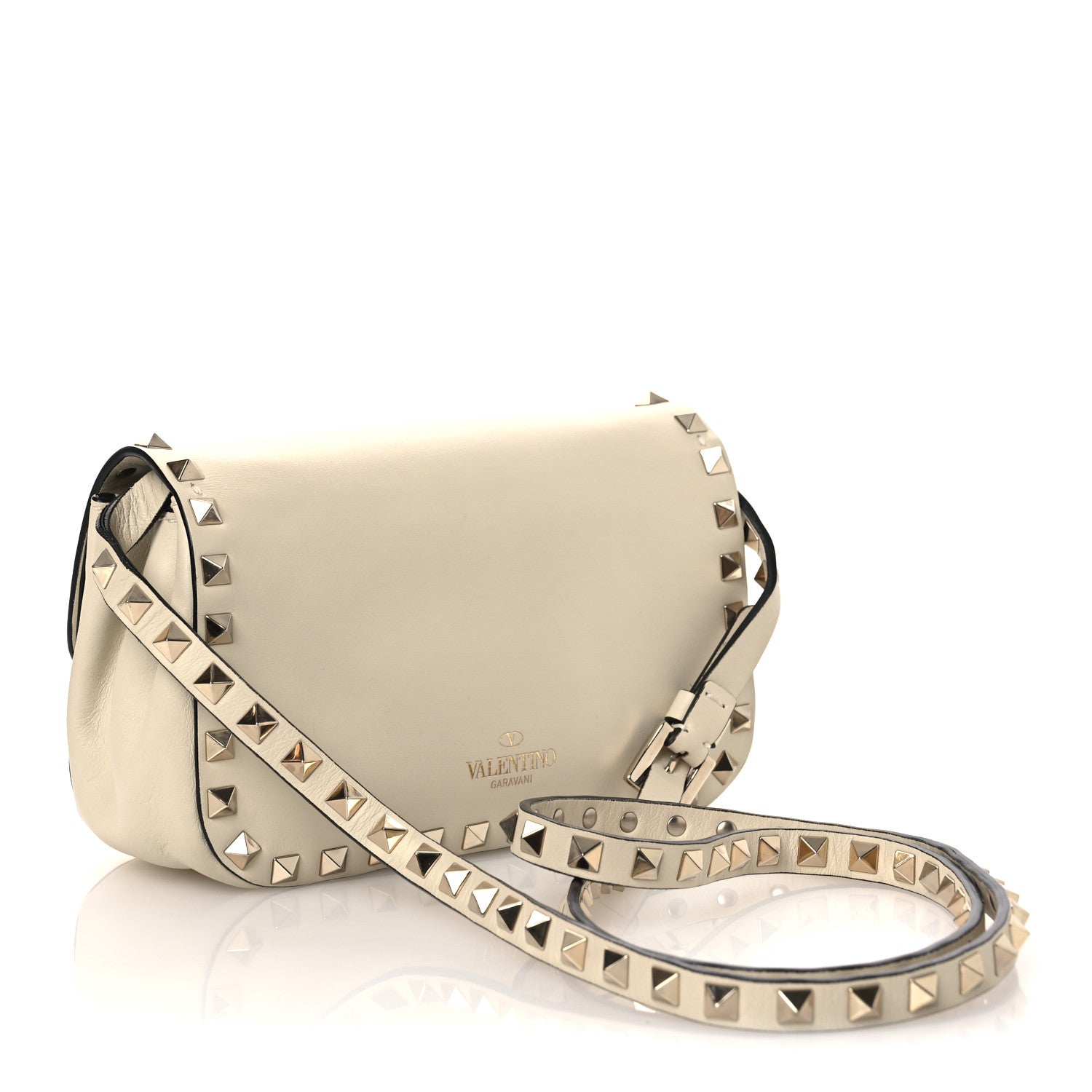 Vitello Small Rockstud Flip Lock Crossbody Bag Light Ivory