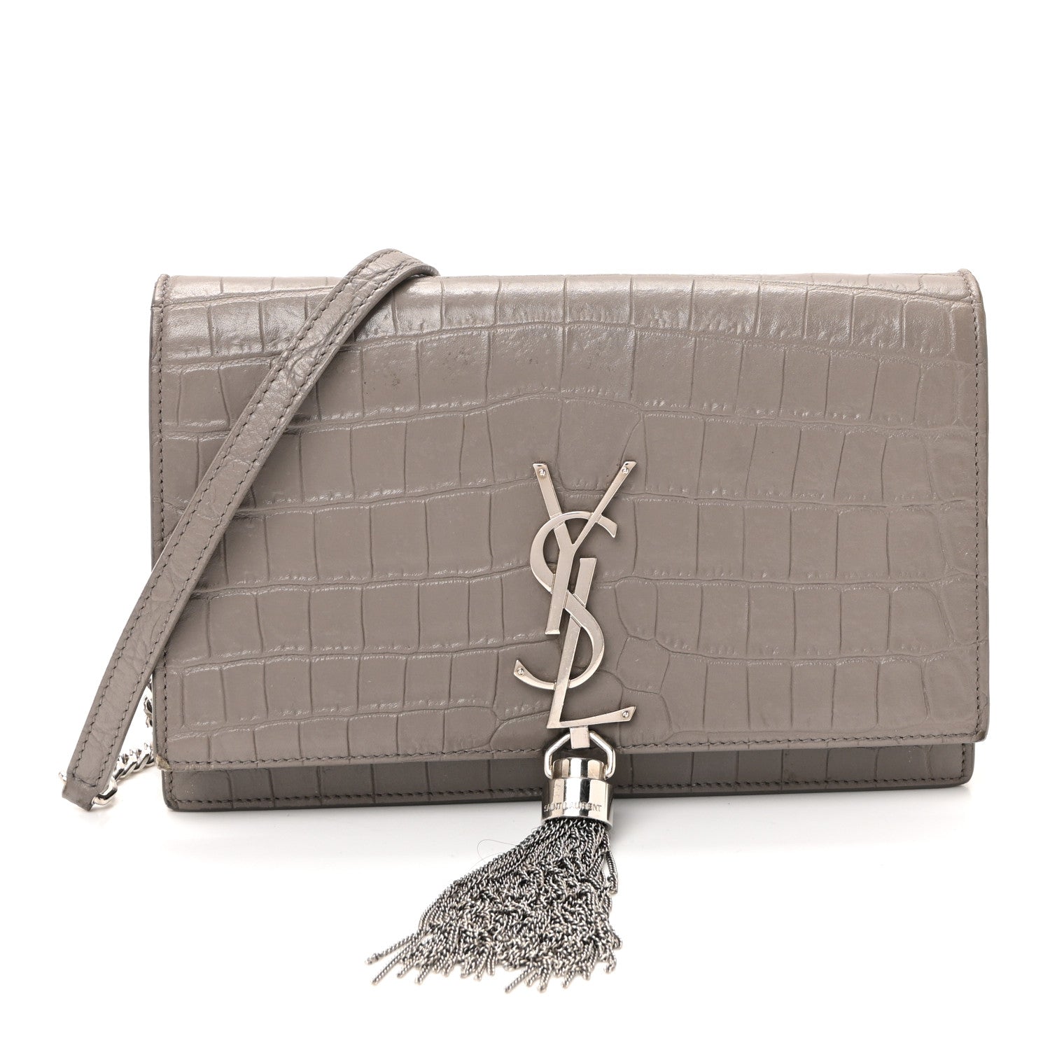 Calfskin Crocodile Embossed Kate Monogram Tassel Chain Wallet Fog