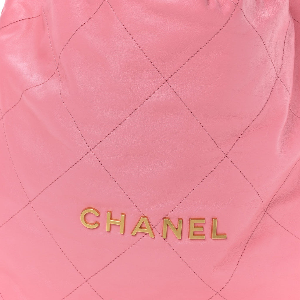 Shiny Calfskin Quilted Chanel 22 Drawstring Bag Pink