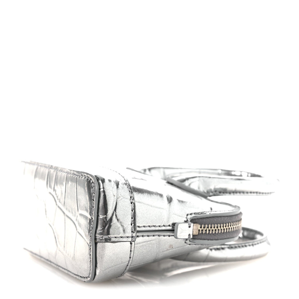Metallic Calfskin Logo Crocodile Embossed Mini Ville Top Handle Bag Silver Black