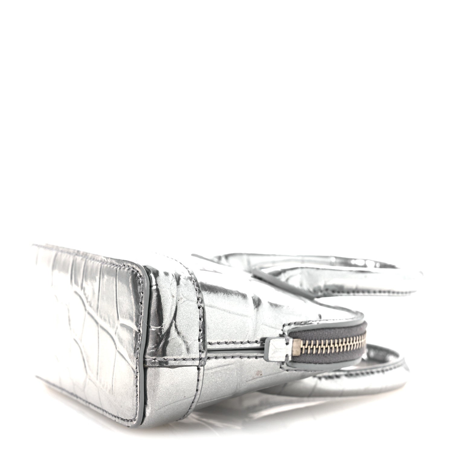 Metallic Calfskin Logo Crocodile Embossed Mini Ville Top Handle Bag Silver Black