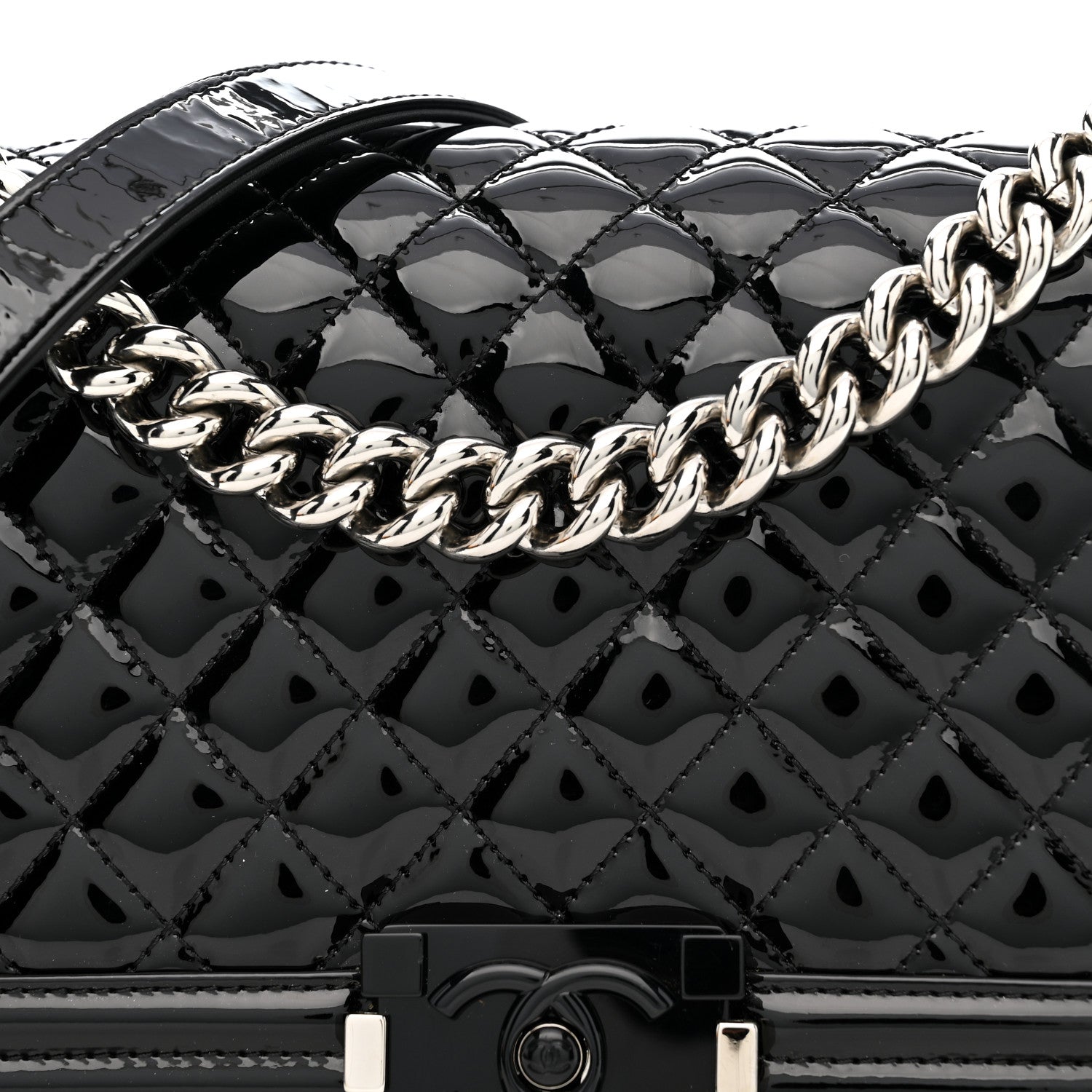 Patent Calfskin Quilted Medium Plexiglass Boy Flap Black