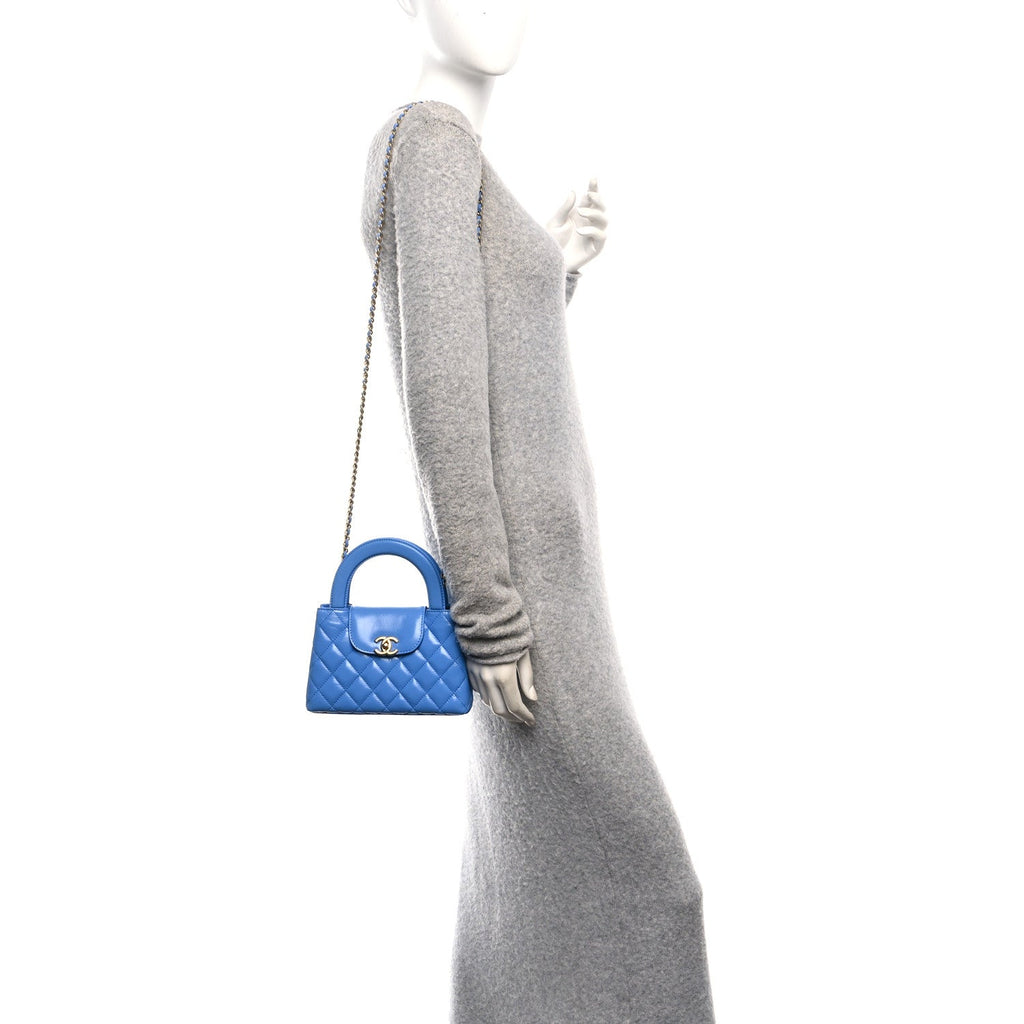 Shiny Aged Calfskin Quilted Nano Kelly Shopper Blue