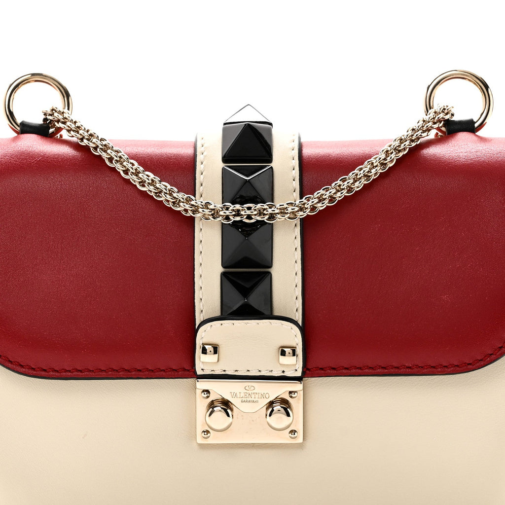 Vitello Small Glam Lock Rockstud Flap Red Ivory Black